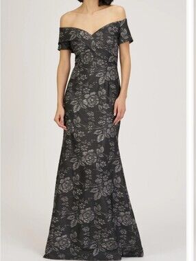 JS Collections Off-Shoulder Black Floral Jacquard Evening Dress....Size 18